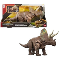 Figura de juguete de dinosaurio Eotriceratops de la serie Jurassic World Rebirth de Mattel, con ataque activado por la cola (JGB92/JGB93).