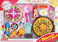 Set comidas delicious food con pastel, pizza y accesorios